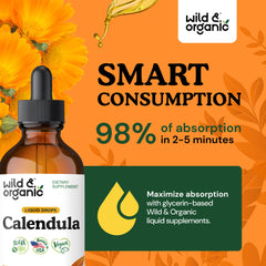 Wild and Organic calendula tincture label details showcase vegan, sugar-free formula.