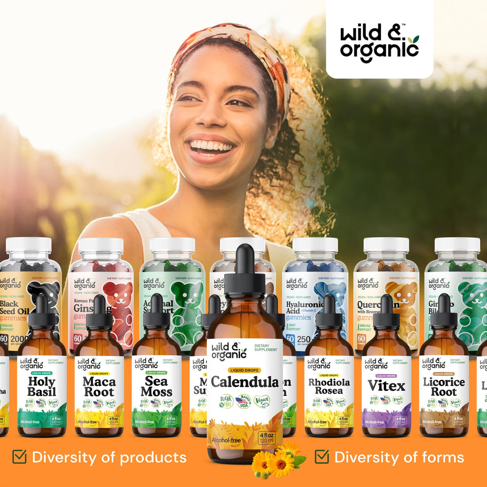 Wild and Organic calendula tincture packaging emphasizes 4 oz size and vegan formula.