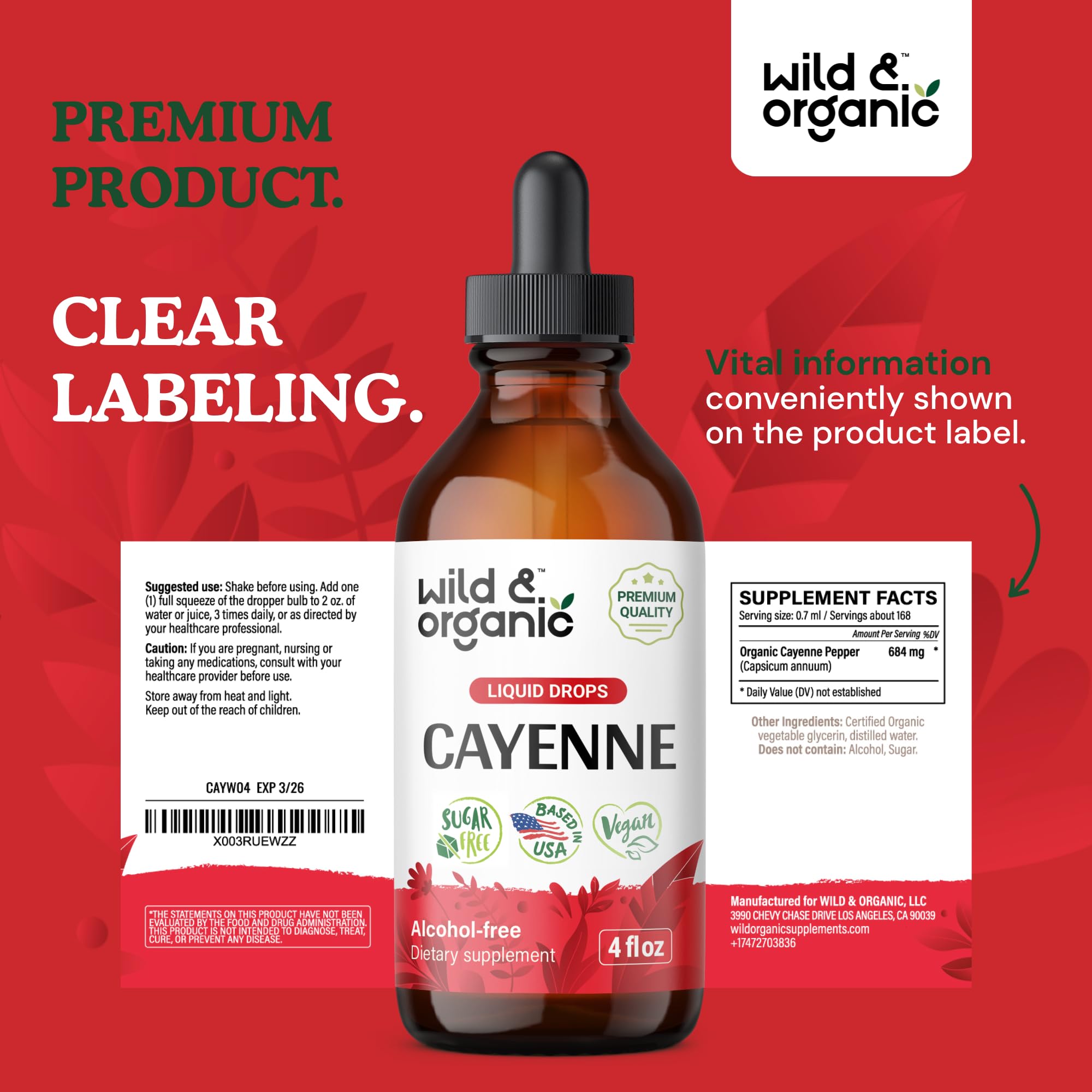 Wild & Organic cayenne drops beside measurement marks to visualize servings per day.