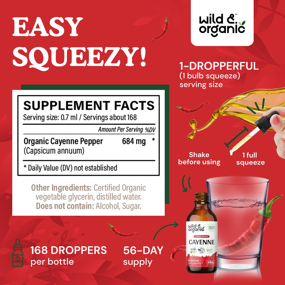 Wild & Organic cayenne pepper extract amber bottle shows vegan, sugar-free formula.