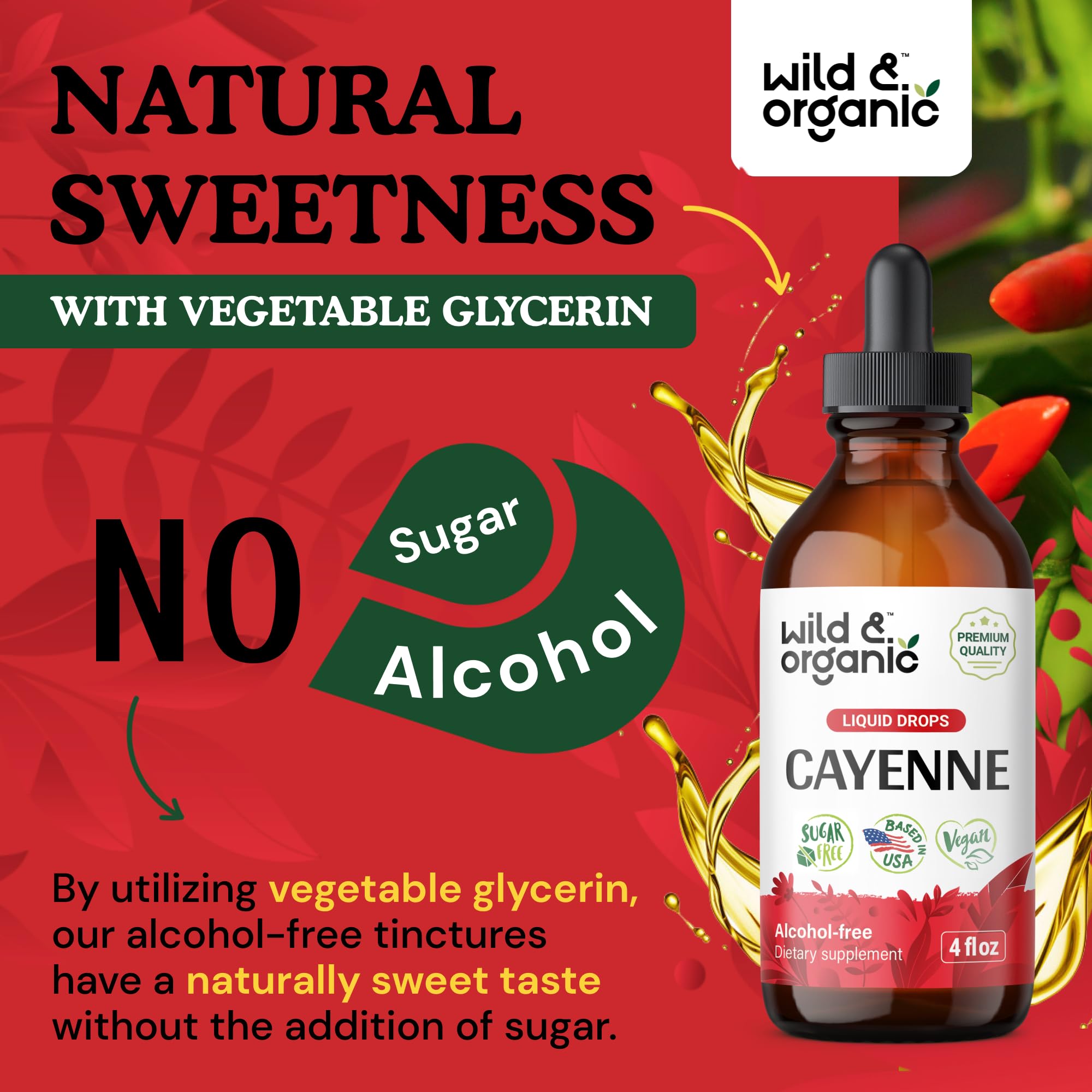 Wild & Organic cayenne tincture sweetness without sugar illustration highlighting natural sweetness.