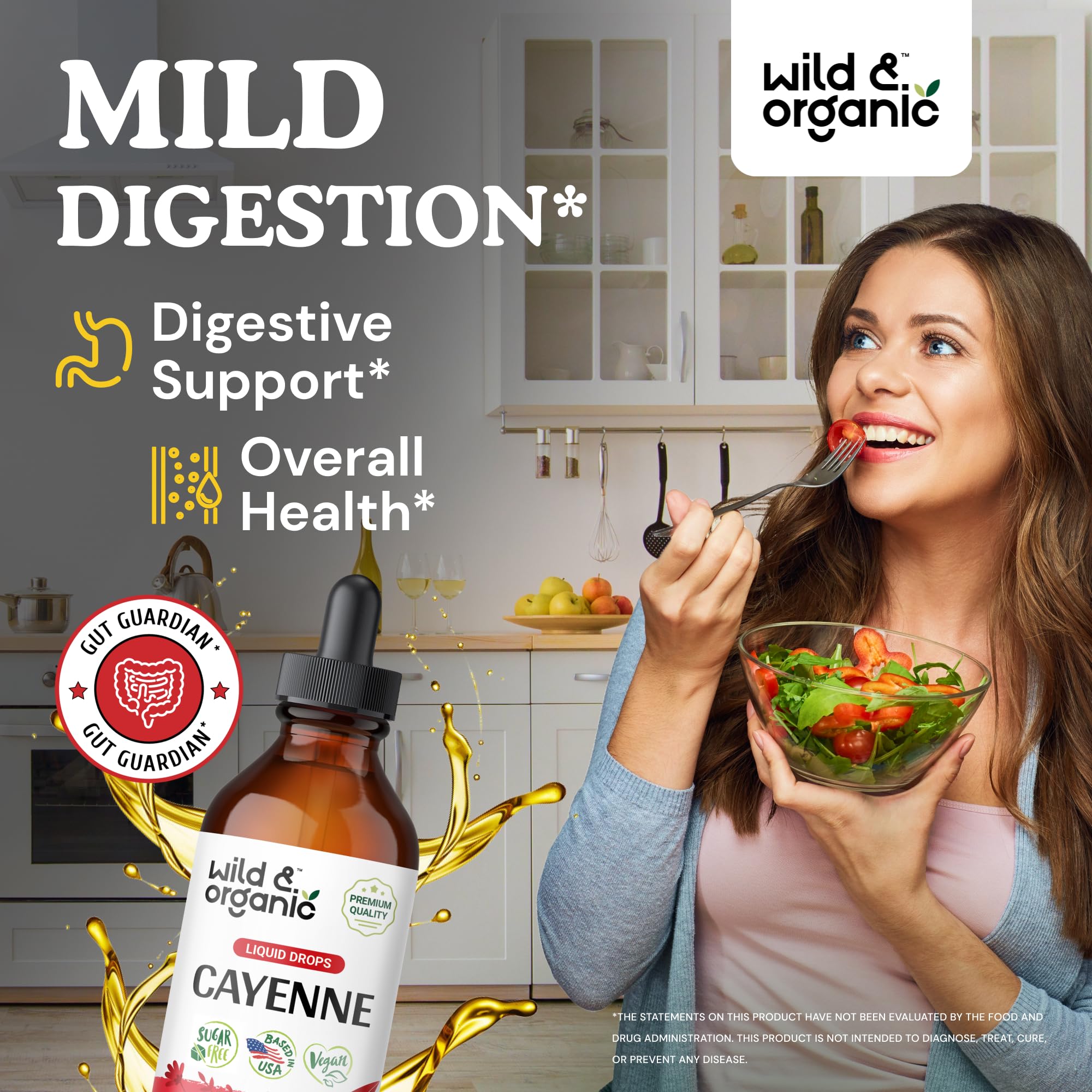 Wild & Organic cayenne tincture drops pour image for quick, alcohol-free relief and daily wellness.