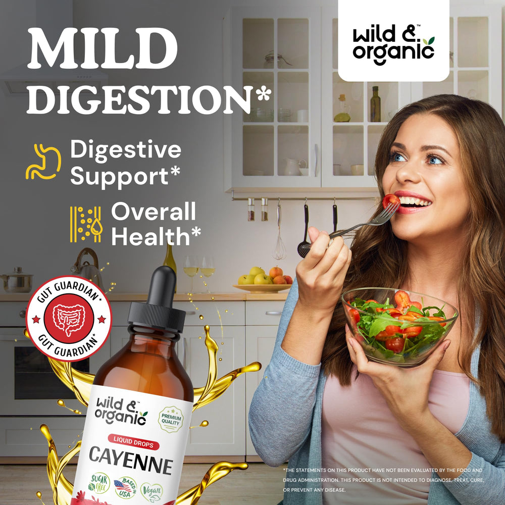 Wild & Organic cayenne tincture drops pour image for quick, alcohol-free relief and daily wellness.