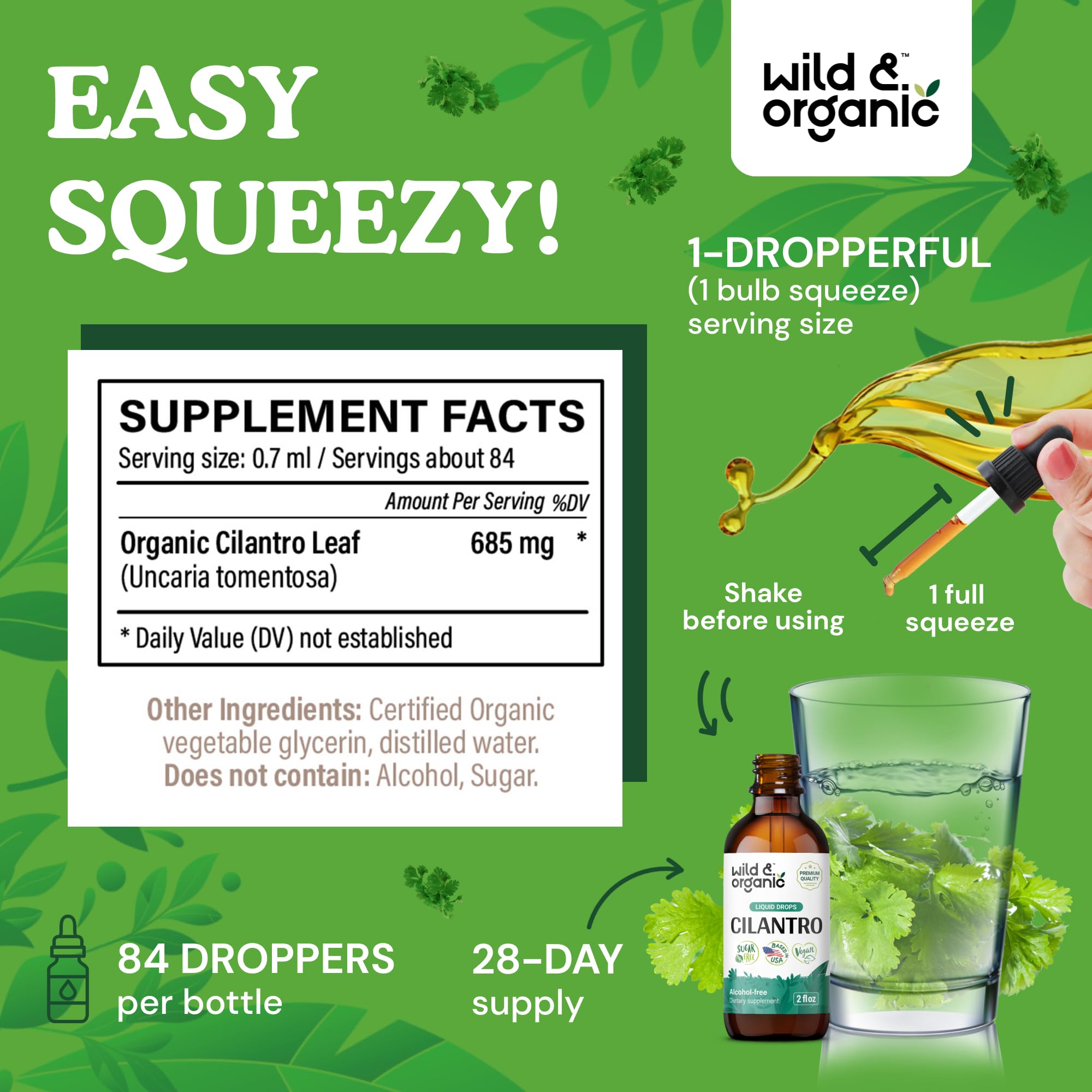 Cilantro Drops dropper releasing tincture for easy dosing.