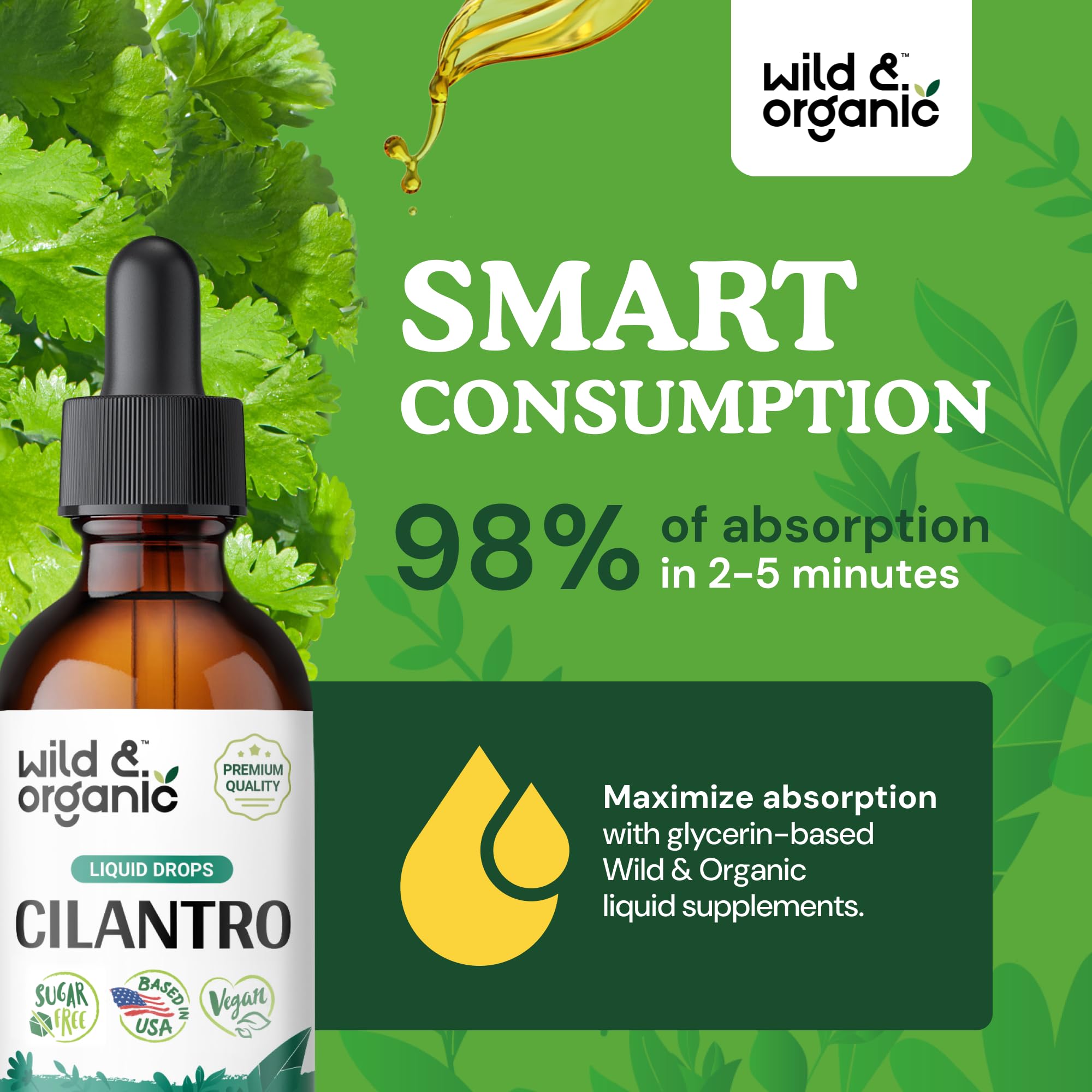 Cilantro Drops label highlights alcohol-free, GMO-free formula.