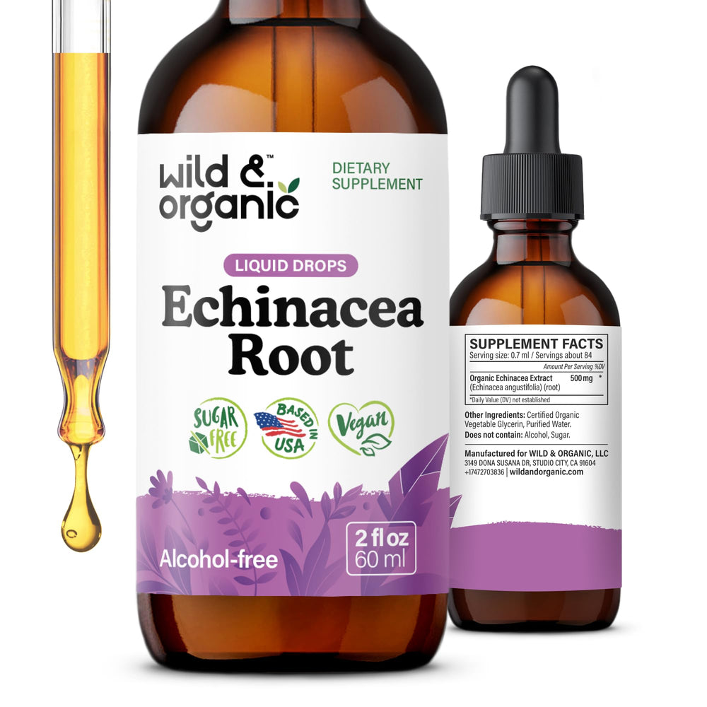 Wild & Organic Echinacea tincture bottle with dropper for easy dosing