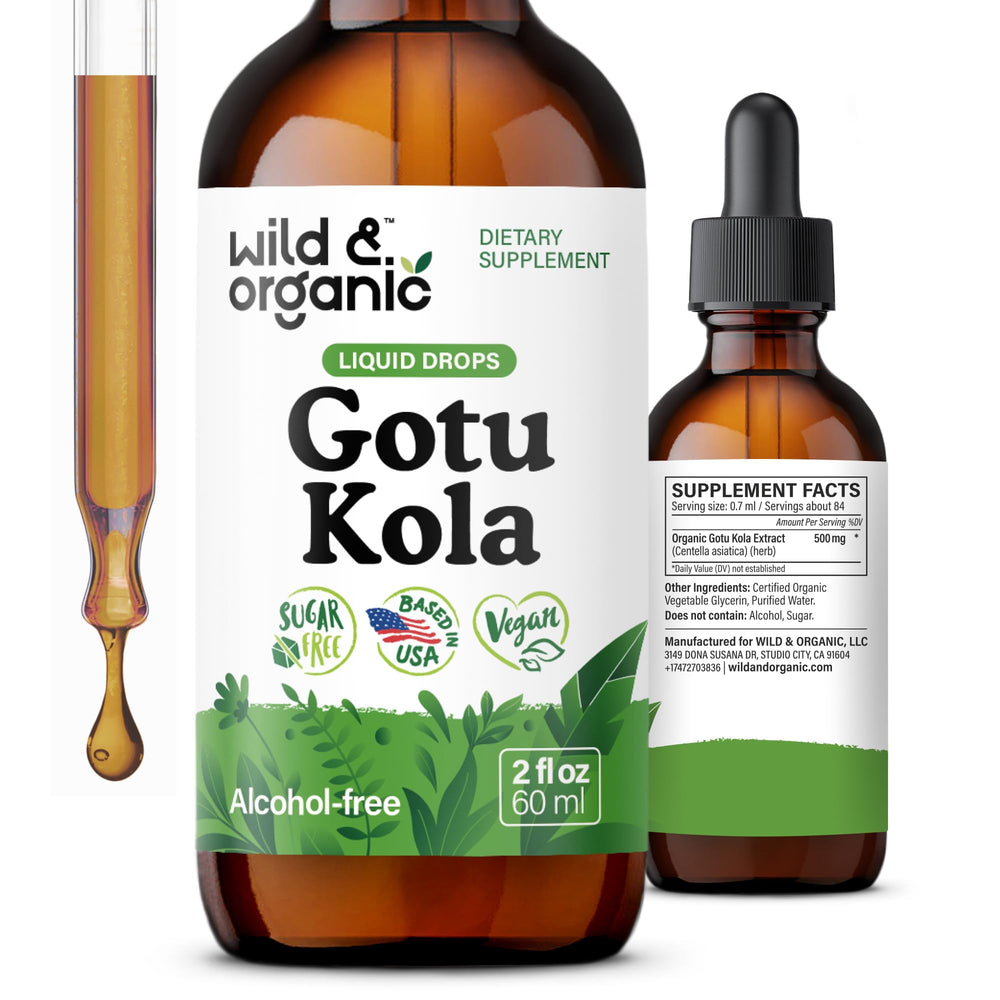 Wild & Organic Gotu Kola tincture bottle highlights vegan, alcohol-free brain support.