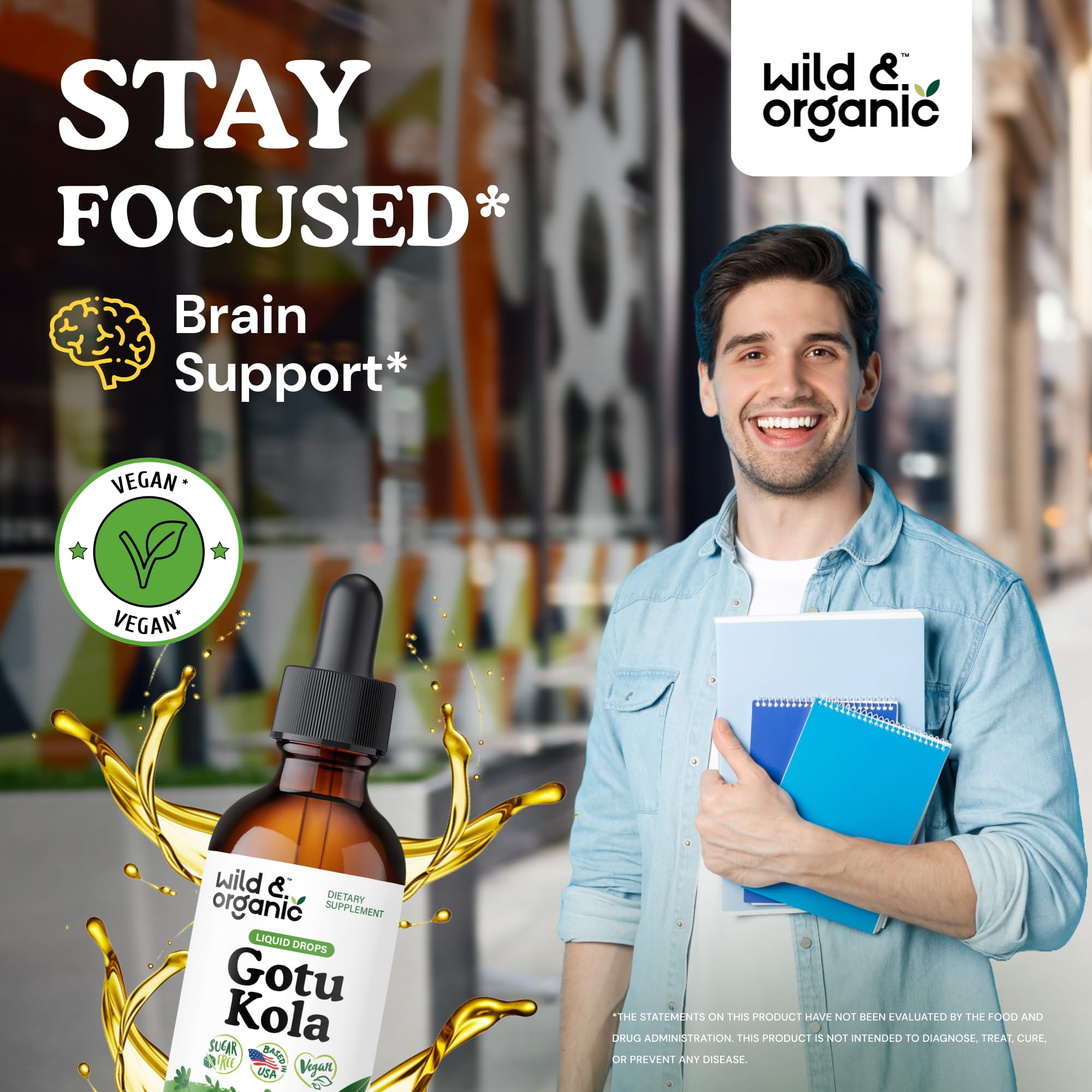 Wild & Organic Gotu Kola liquid extract dropper ready for daily focus use.
