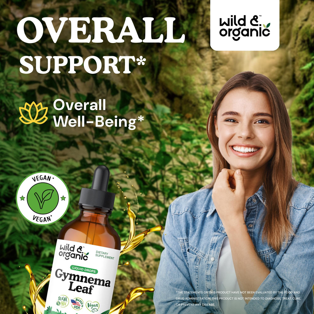Wild Organic Gymnema Sylvestre Drops pouring demonstrates alcohol-free glycerin-based tincture use