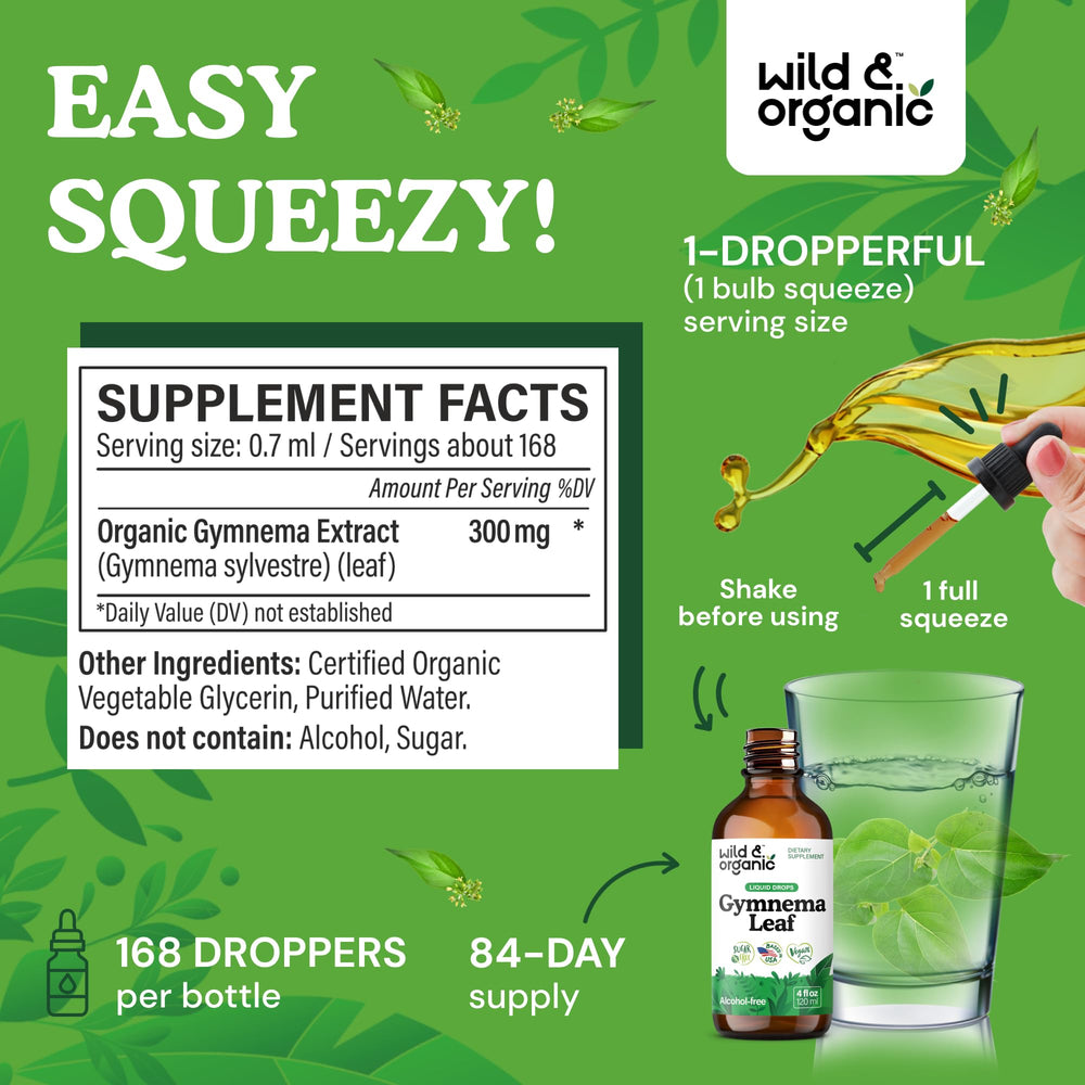 Wild Organic Gymnema Sylvestre Drops serving spoon highlights 300 mg per dose