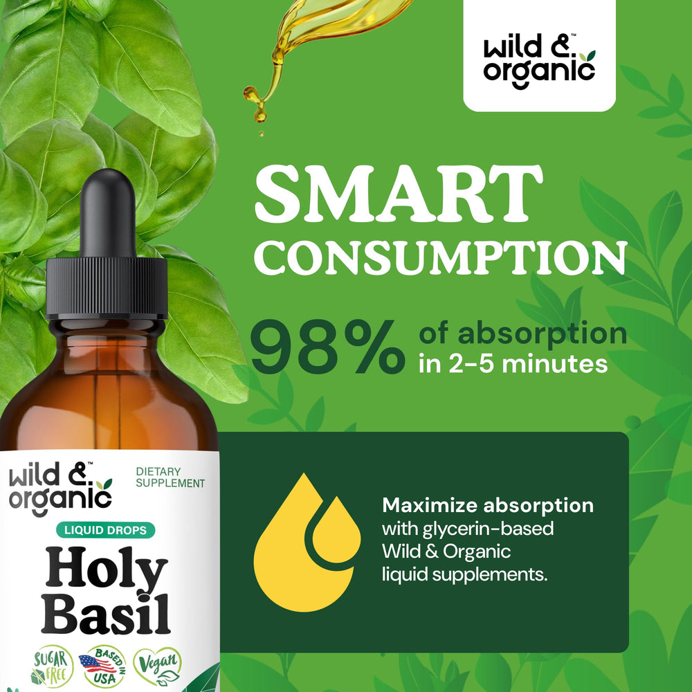 Wild & Organic Holy Basil Tincture basil leaf closeup emphasizes natural Tulsi ingredients.