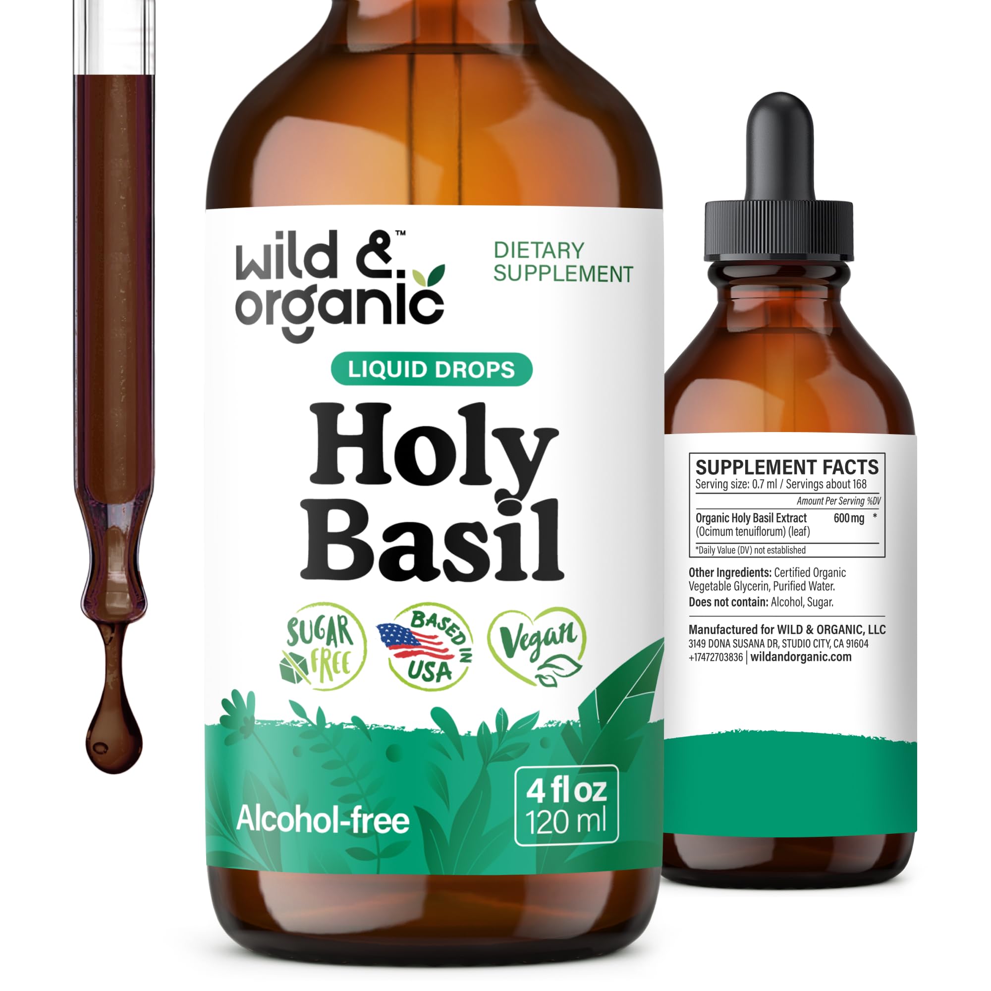 Wild & Organic Holy Basil Tincture bottle offers alcohol-free relaxation support for daily use.