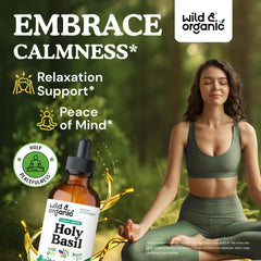 Wild & Organic Holy Basil Tincture dropper enables easy dosing for on-the-go calm.