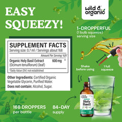 Wild & Organic Holy Basil Tincture label highlights vegan and glycerin-based formula.