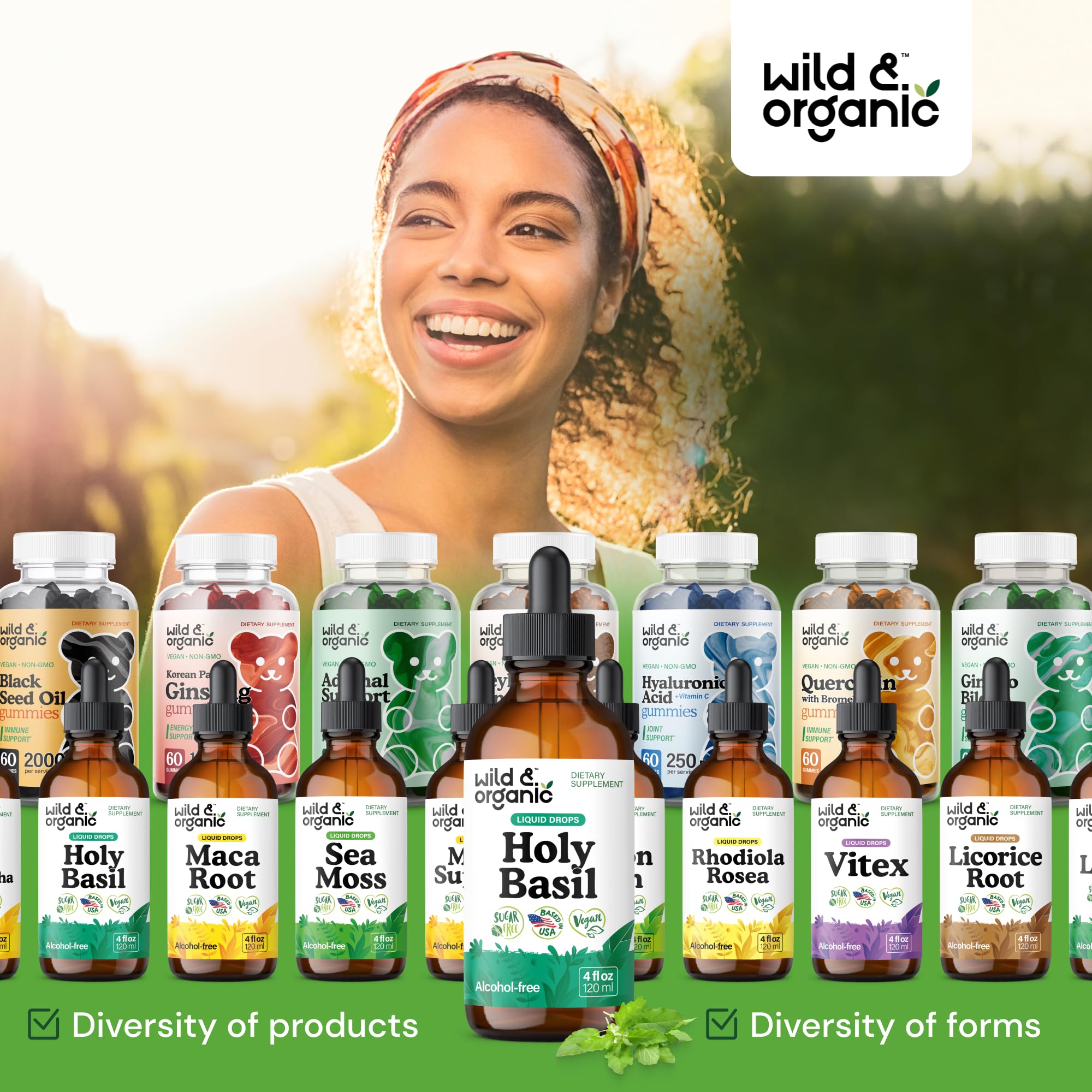 Wild & Organic Holy Basil Tincture packaging box communicates vegan, sugar-free branding.