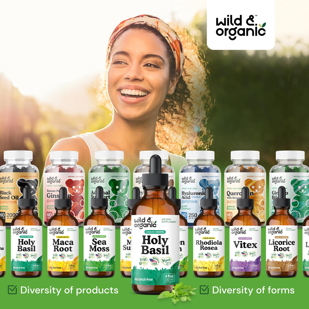 Wild & Organic Holy Basil Tincture packaging box communicates vegan, sugar-free branding.