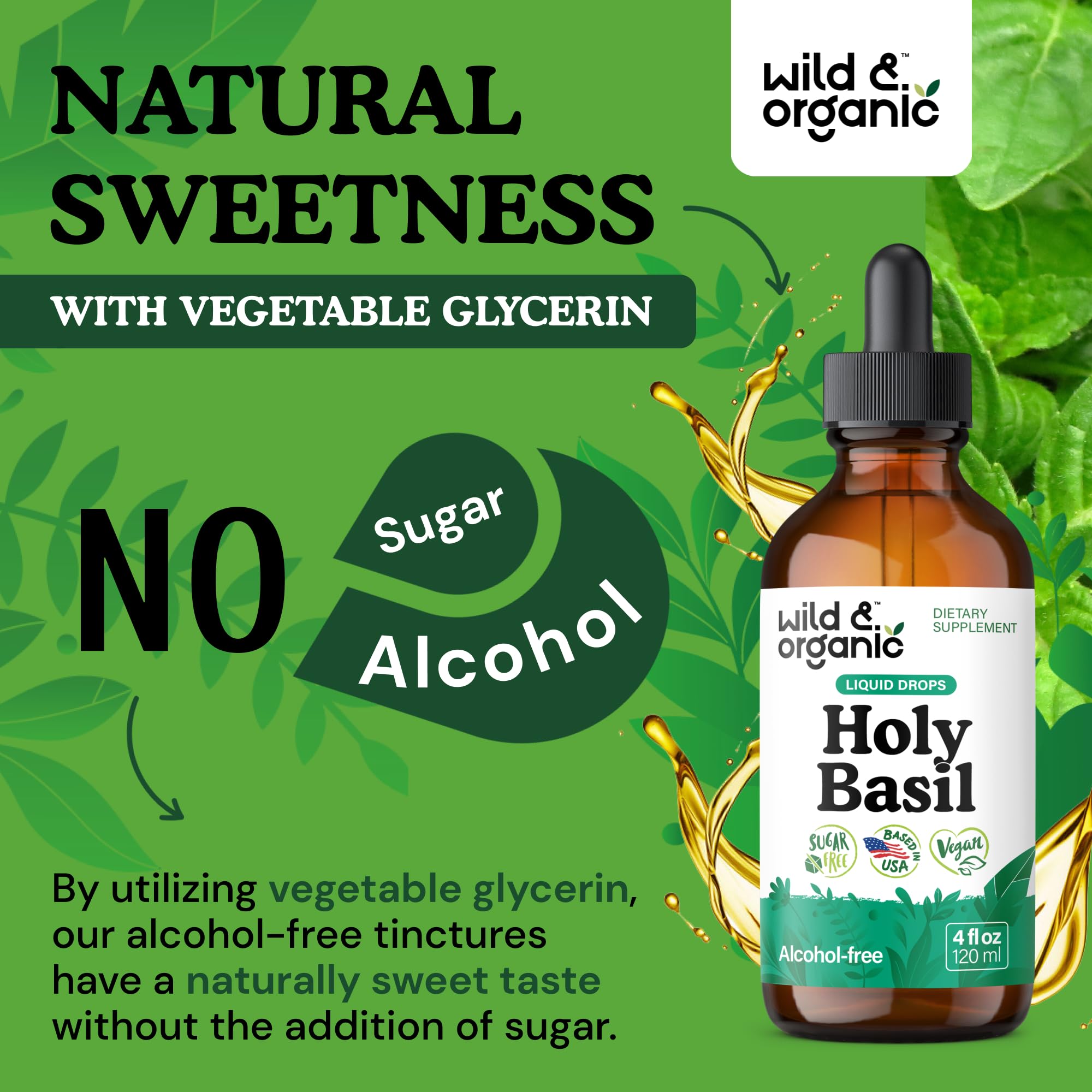 Wild & Organic Holy Basil Tincture pouring demonstrates measured servings.