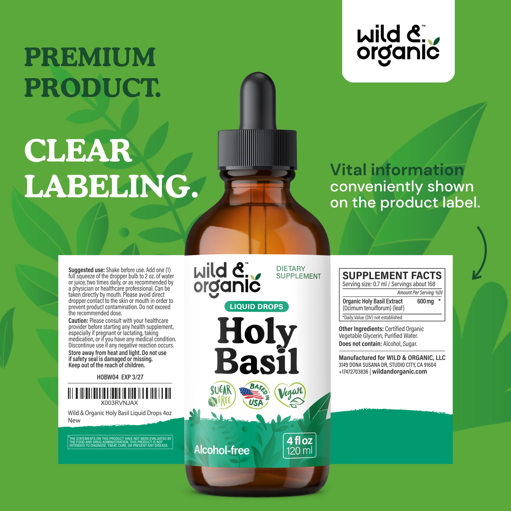 Wild & Organic Holy Basil Tincture serving suggestion for two daily drops.