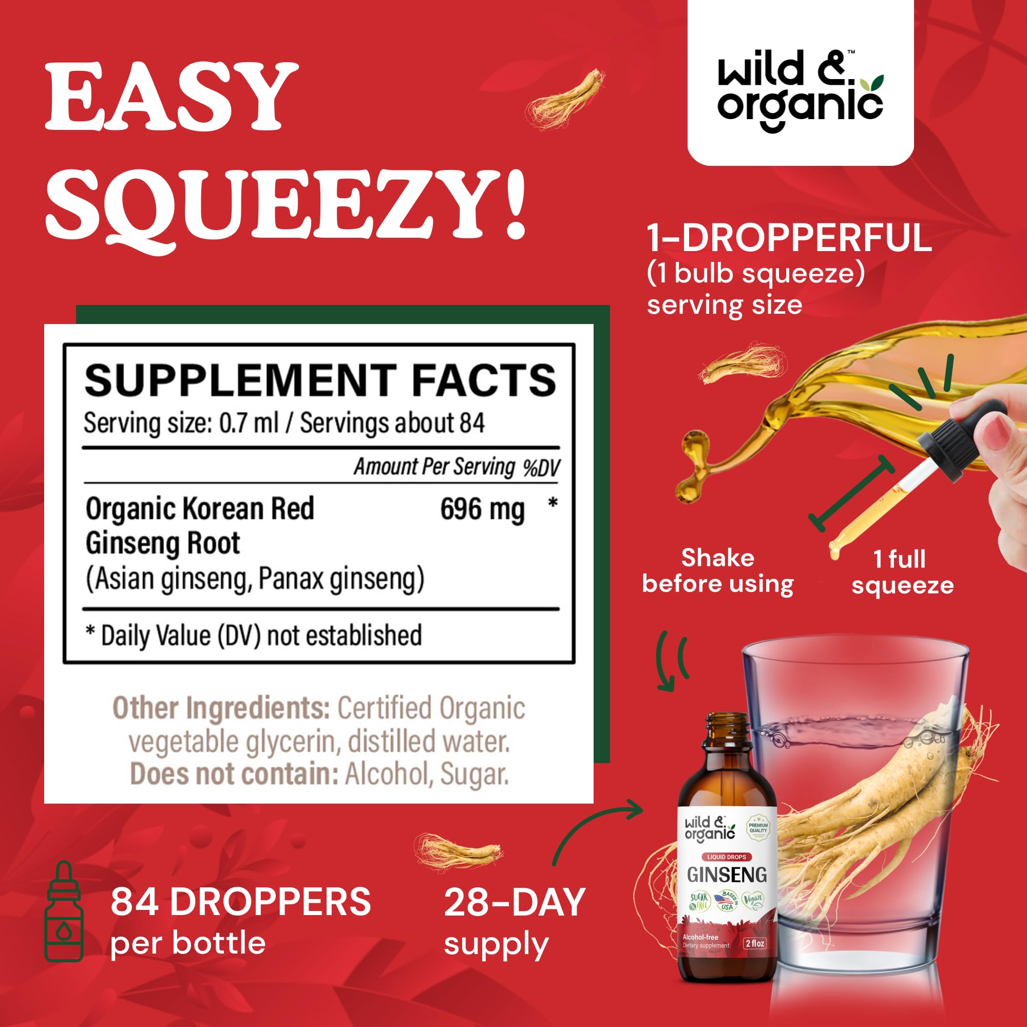 Wild Organic Korean Red Ginseng label highlights vegan, alcohol-free formula