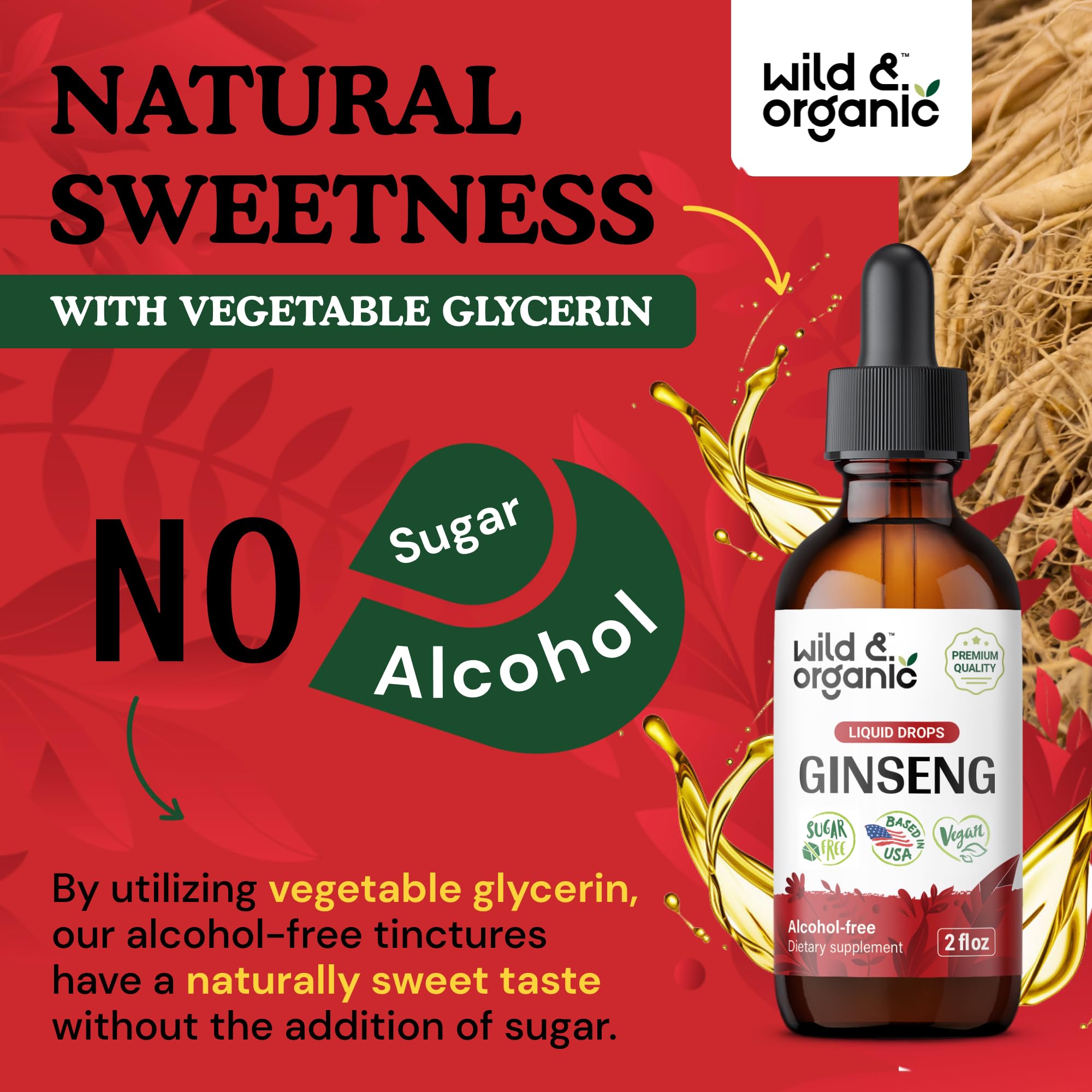 Ginseng root imagery reinforces natural, plant-based origin