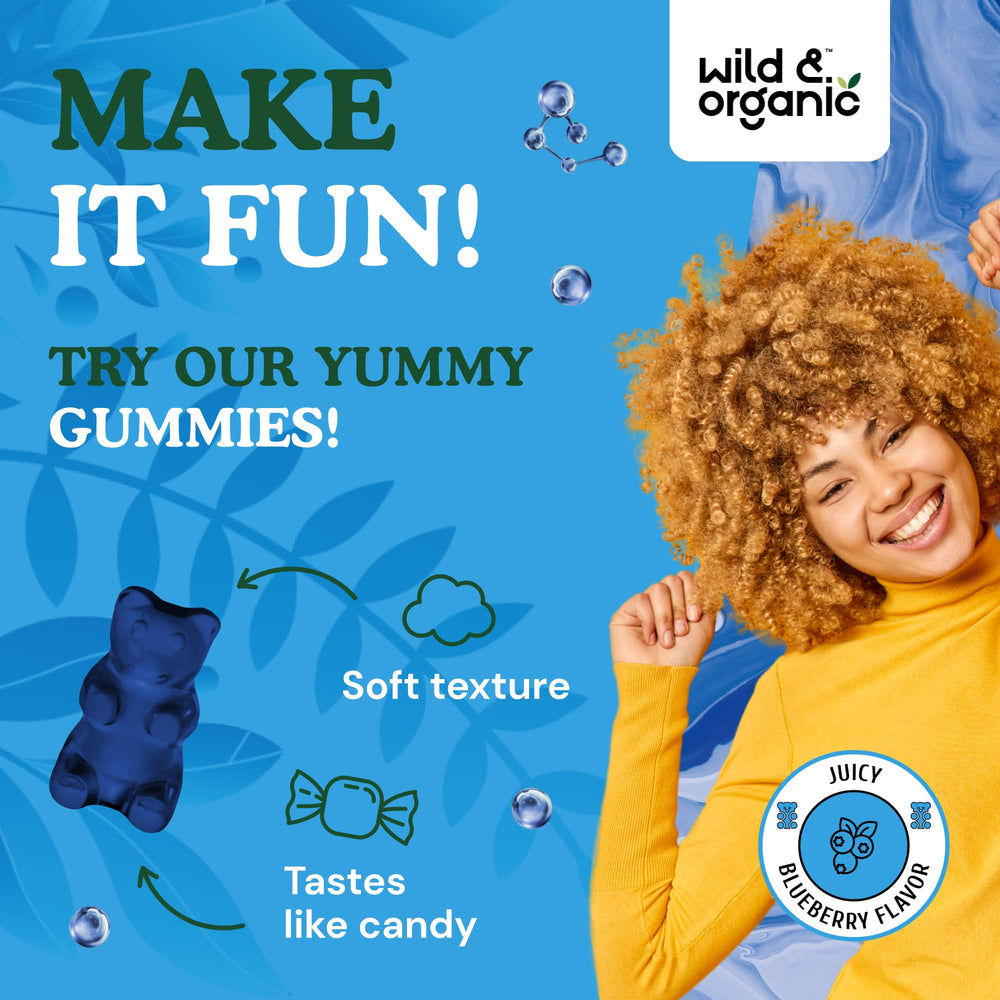 Wild & Organic L-Methylfolate Gummies blueberry flavor ready to snack.