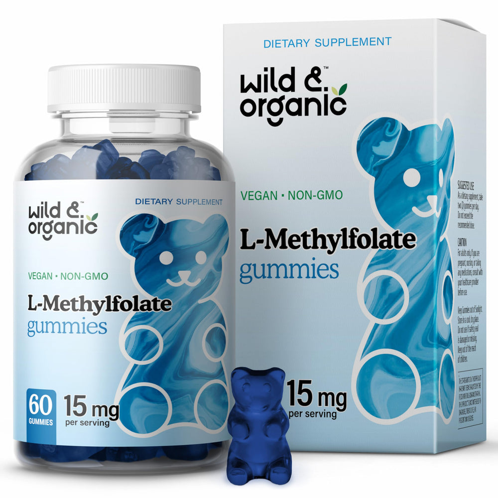 Wild & Organic L-Methylfolate Gummies bottle highlights blueberry flavor for mood and focus.
