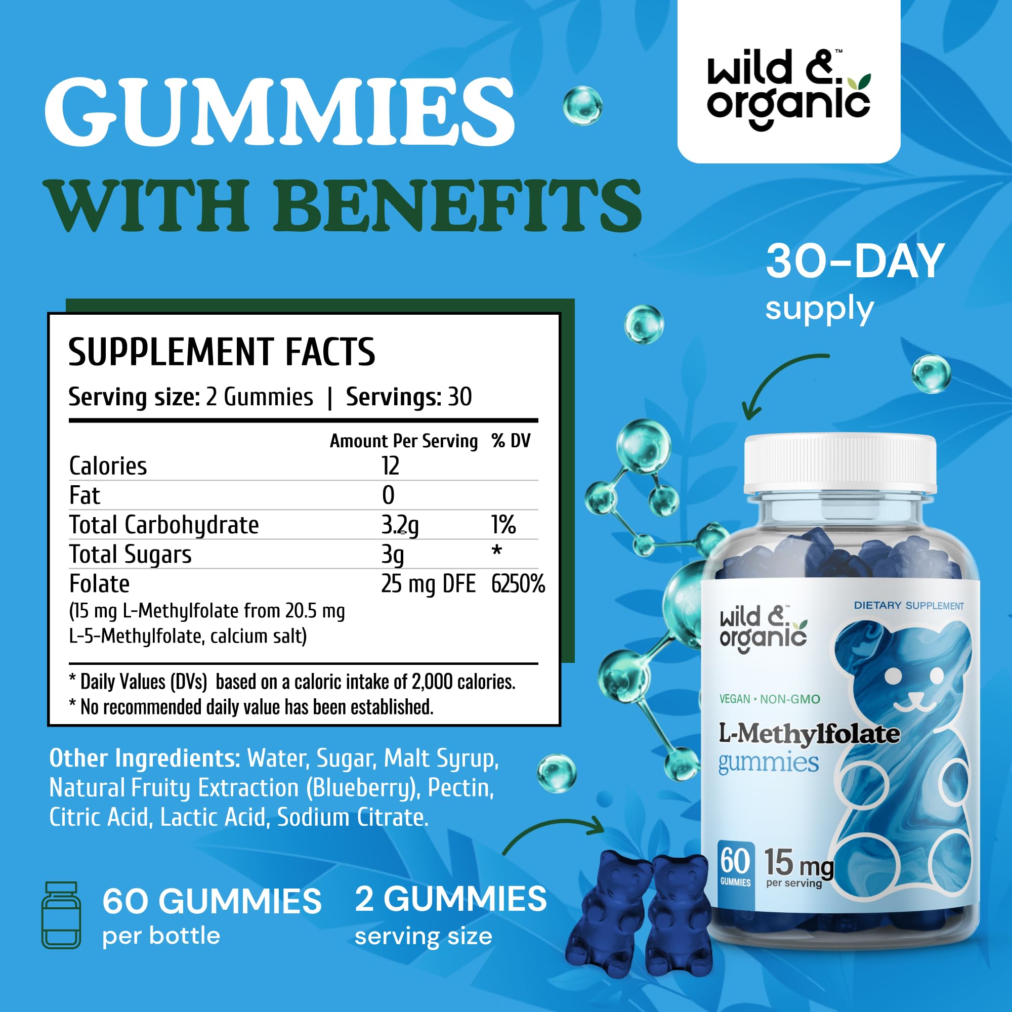 Wild & Organic L-Methylfolate Gummies being poured for daily use.