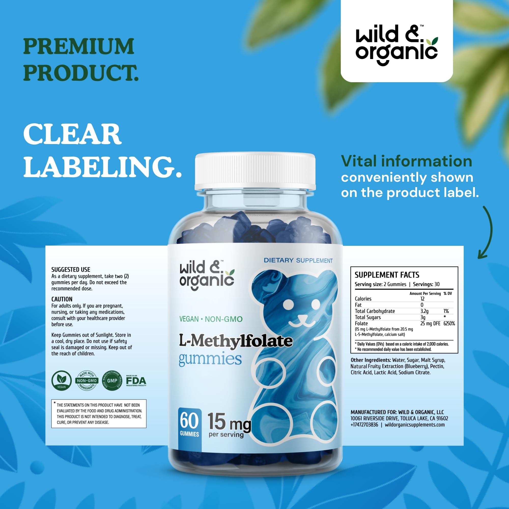 Wild & Organic L-Methylfolate Gummies sealed lid conveys freshness and non-GMO assurance.