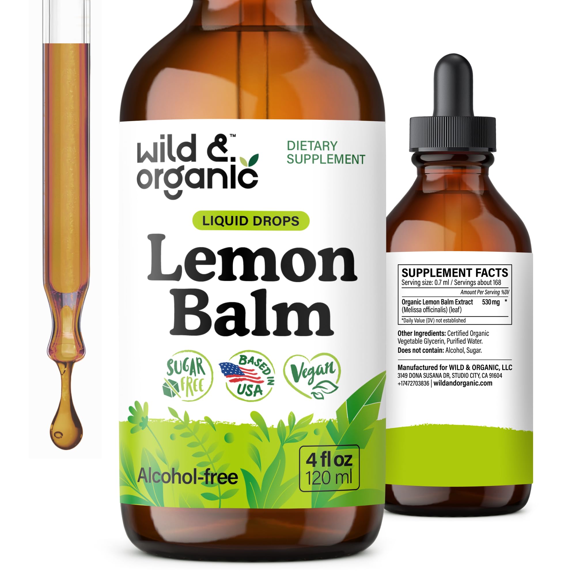 Wild & Organic lemon balm tincture bottle front for calming mood support