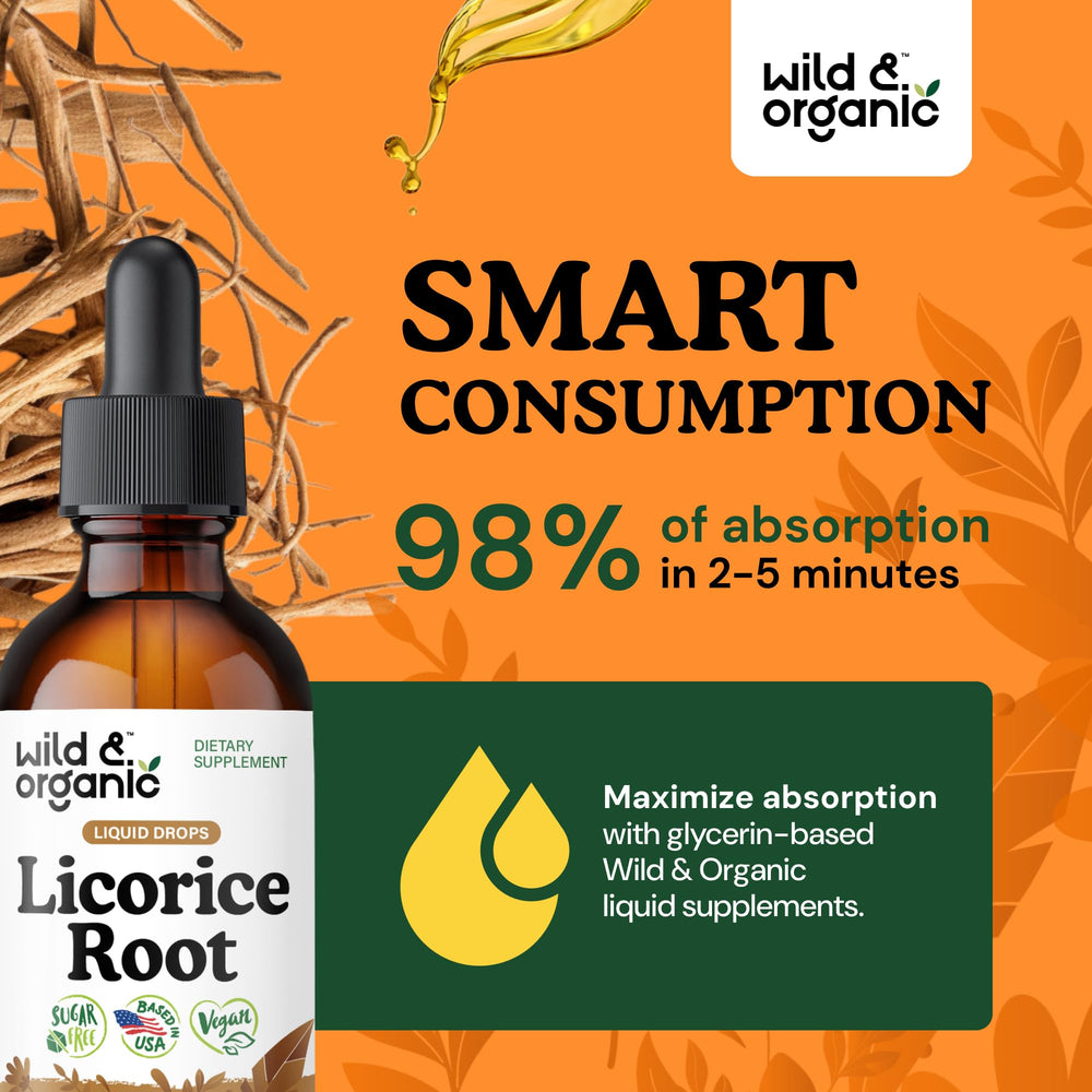 Wild & Organic Licorice Root closeup highlights pure extract and plant-based ingredients.