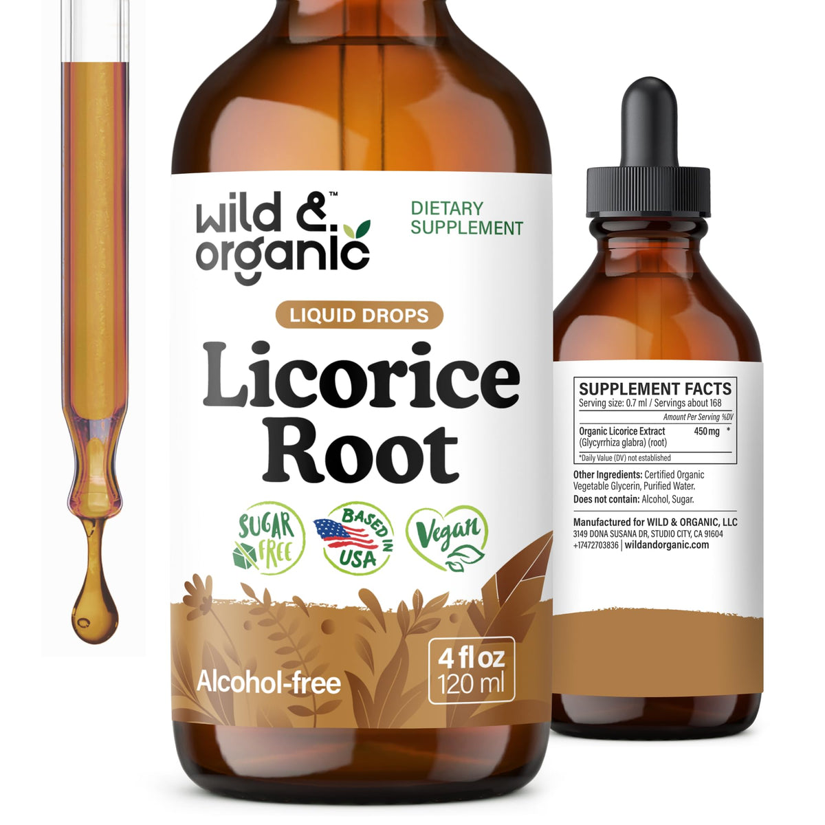 Wild & Organic licorice root tincture bottle shows alcohol-free digestive support in a vegan formula.