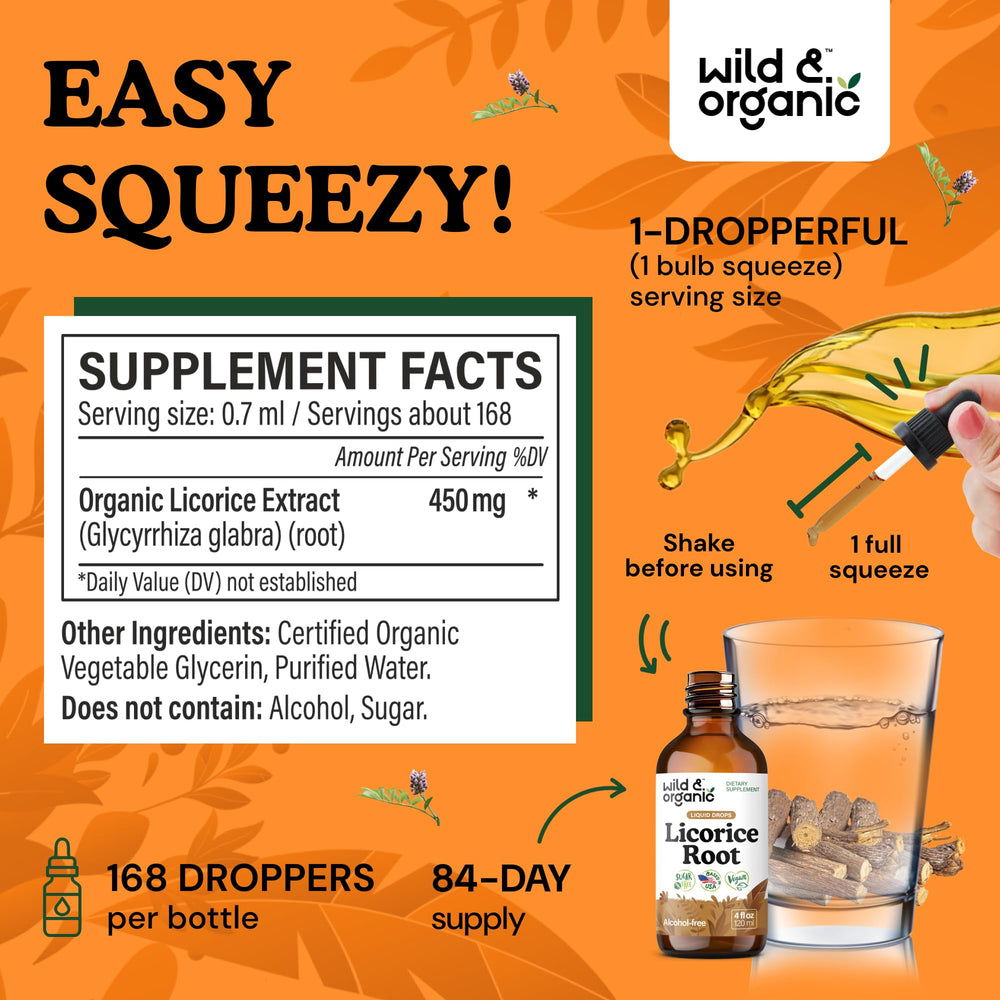Wild & Organic licorice root tincture dropper highlights convenient daily use for gut wellness.