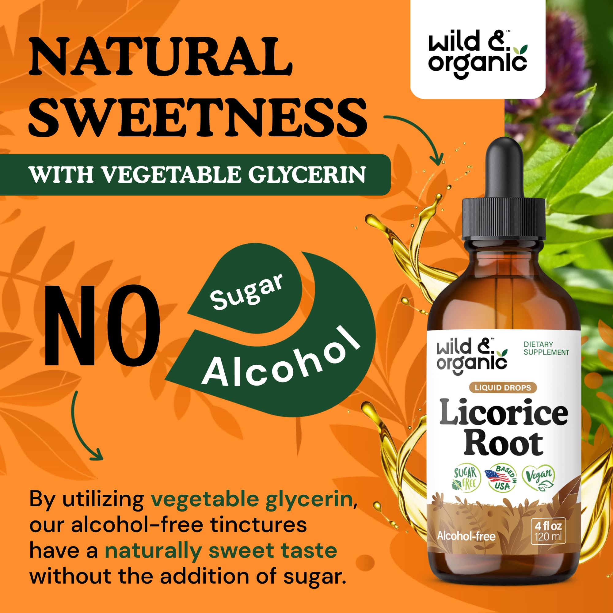 Wild & Organic licorice root tincture glass bottle on a kitchen counter.