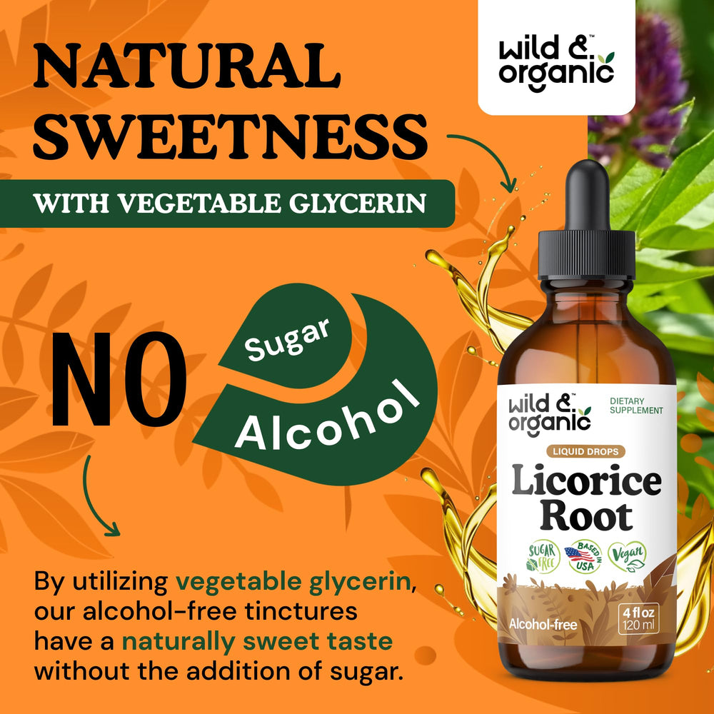 Wild & Organic licorice root tincture glass bottle on a kitchen counter.