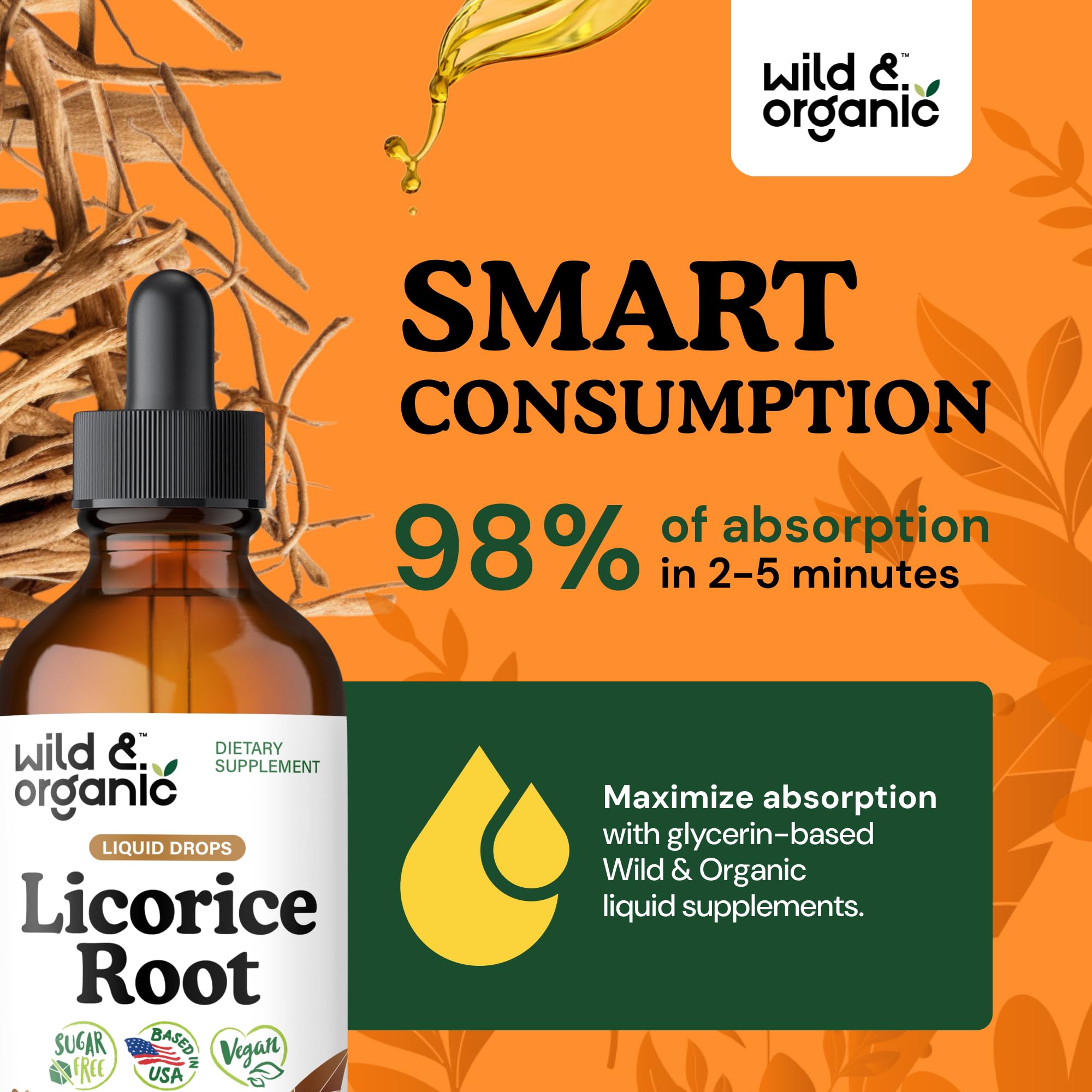 Wild & Organic licorice root tincture label communicates vegan, sugar-free ingredients.