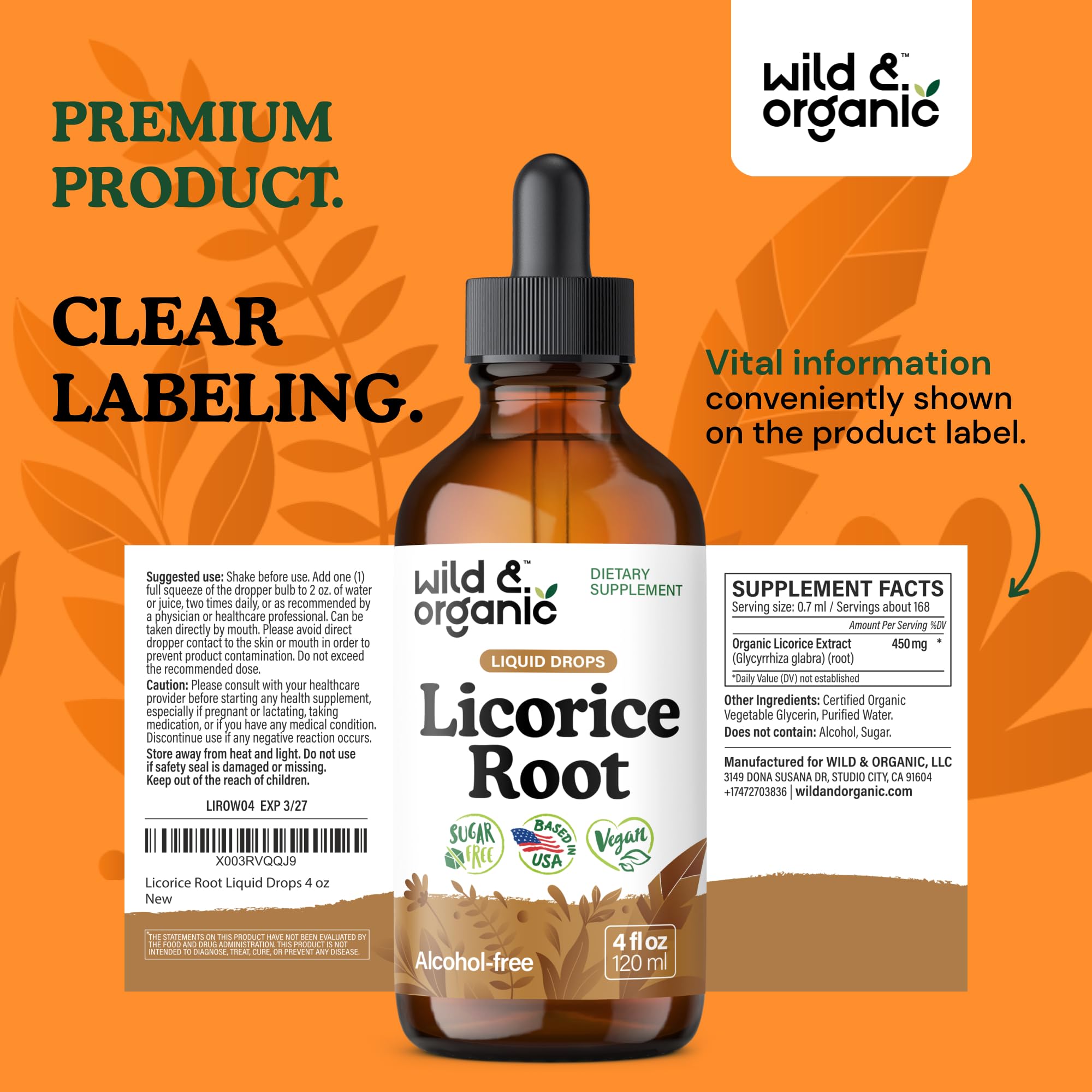 Wild & Organic licorice root tincture on shelf communicates natural wellness.