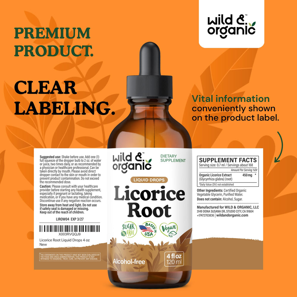 Wild & Organic licorice root tincture on shelf communicates natural wellness.