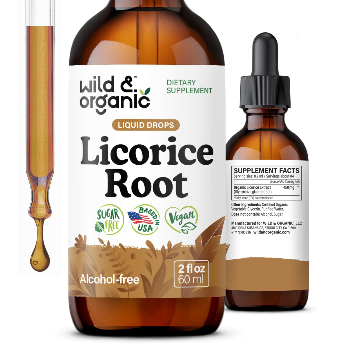 Wild & Organic Licorice Tincture bottle shows alcohol-free, vegan formula for gentle digestive support.