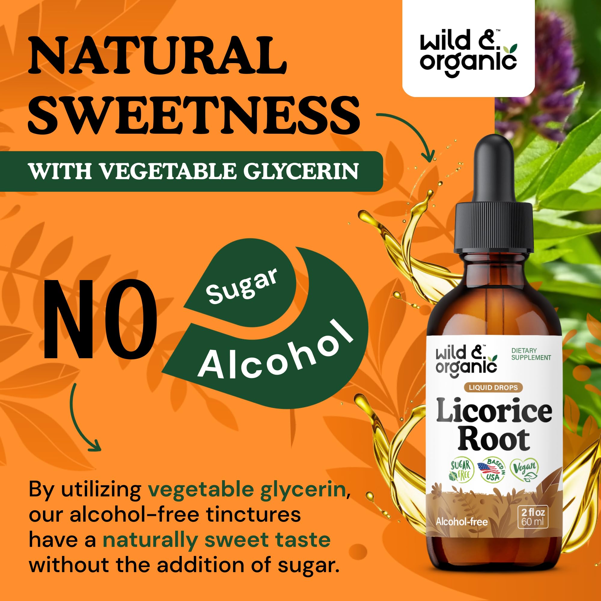 Wild & Organic Licorice Tincture label communicates vegan, GMO-free, and no artificial additives.