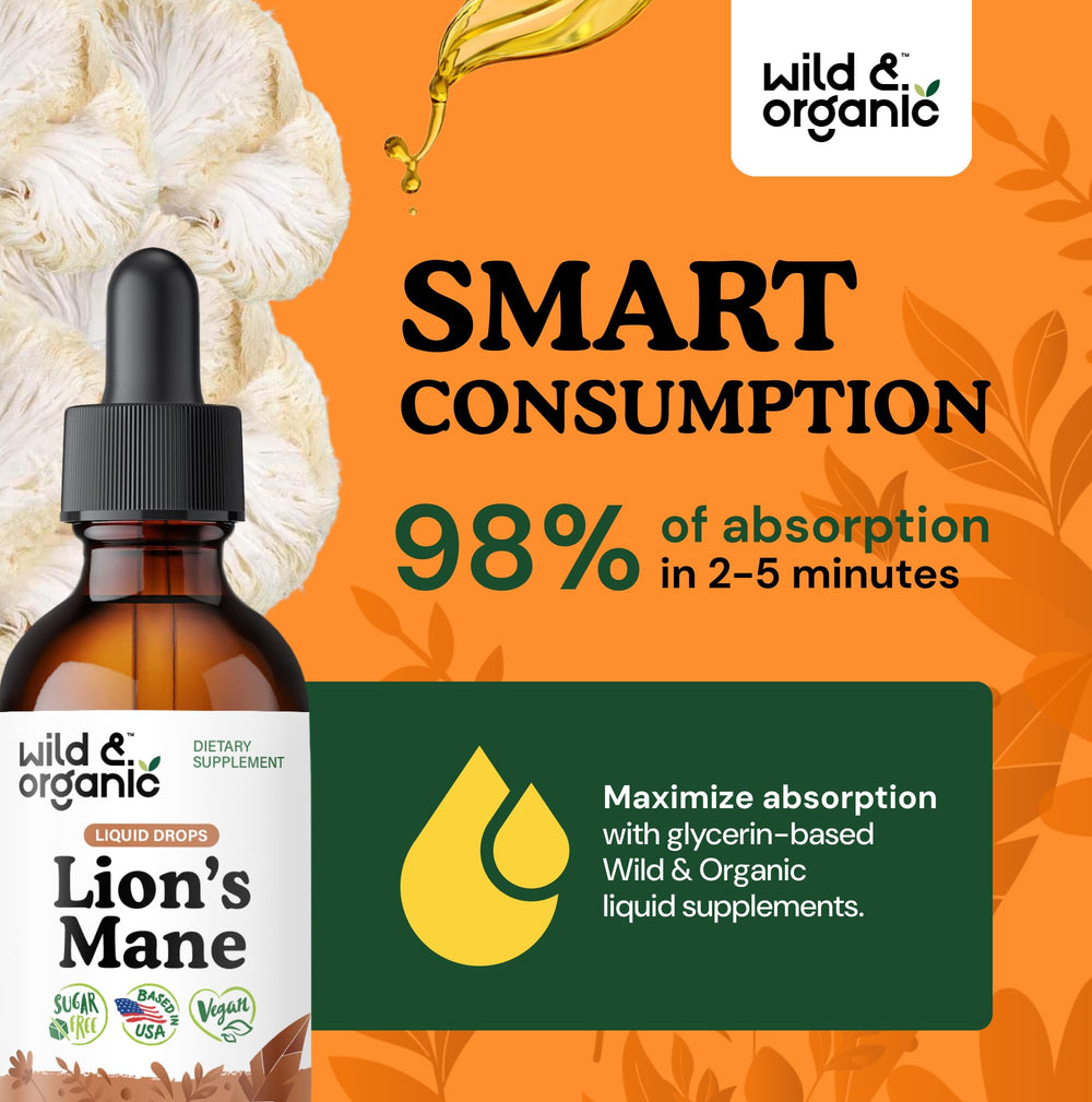 Wild & Organic Lions Mane Liquid Drops bottle beside coffee cup for morning routine.