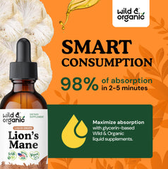 Wild & Organic Lions Mane Liquid Drops bottle beside coffee cup for morning routine.
