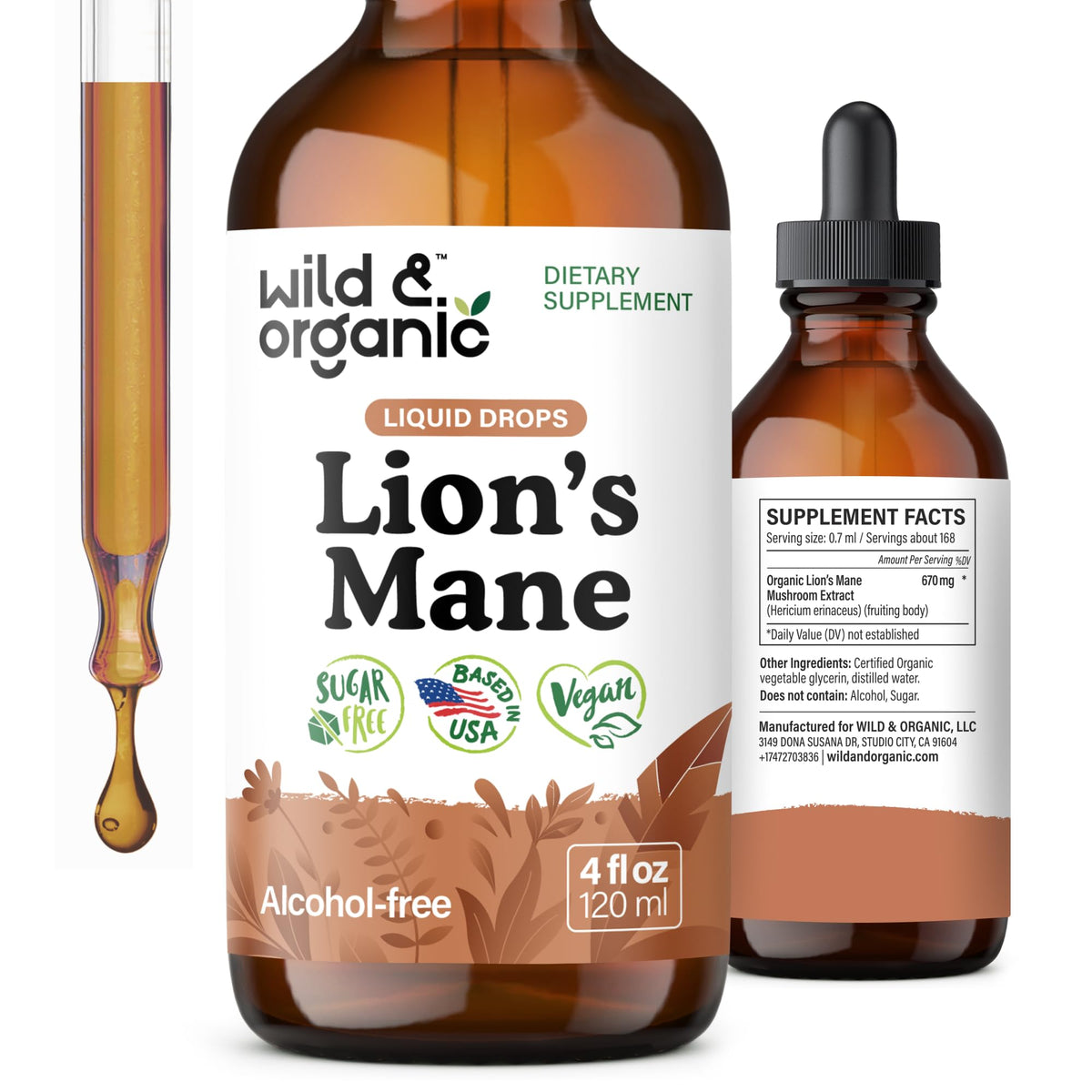 The Wild & Organic Lions Mane drops bottle supports focused days.