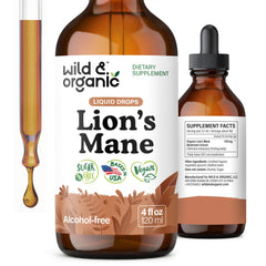 The Wild & Organic Lions Mane drops bottle supports focused days.