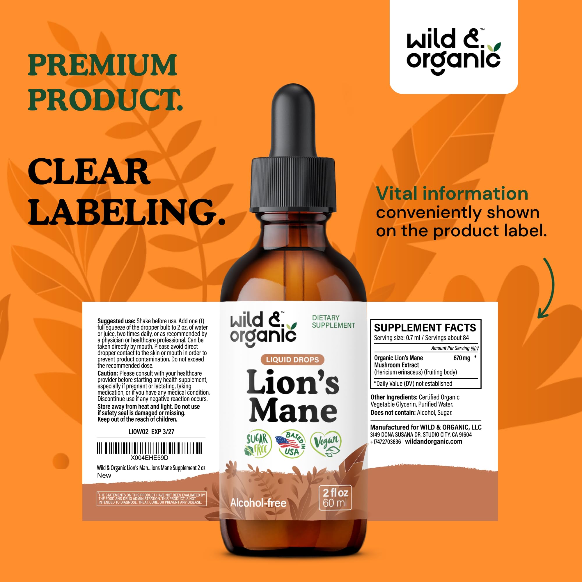 Wild & Organic Lions Mane Liquid Drops bottle with dropper cap ready for daily rituals.