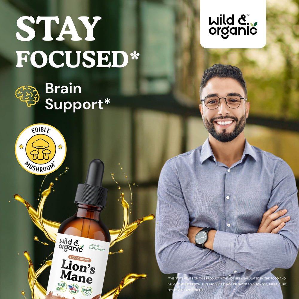 Wild & Organic Lions Mane Liquid Drops dropper application for easy daily dosing.