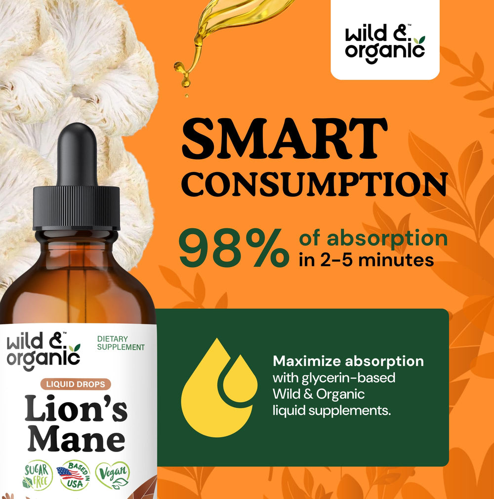 The Wild & Organic Lions Mane drops sit in a glass for daily use.