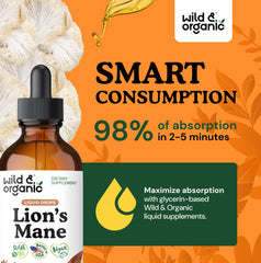 The Wild & Organic Lions Mane drops sit in a glass for daily use.