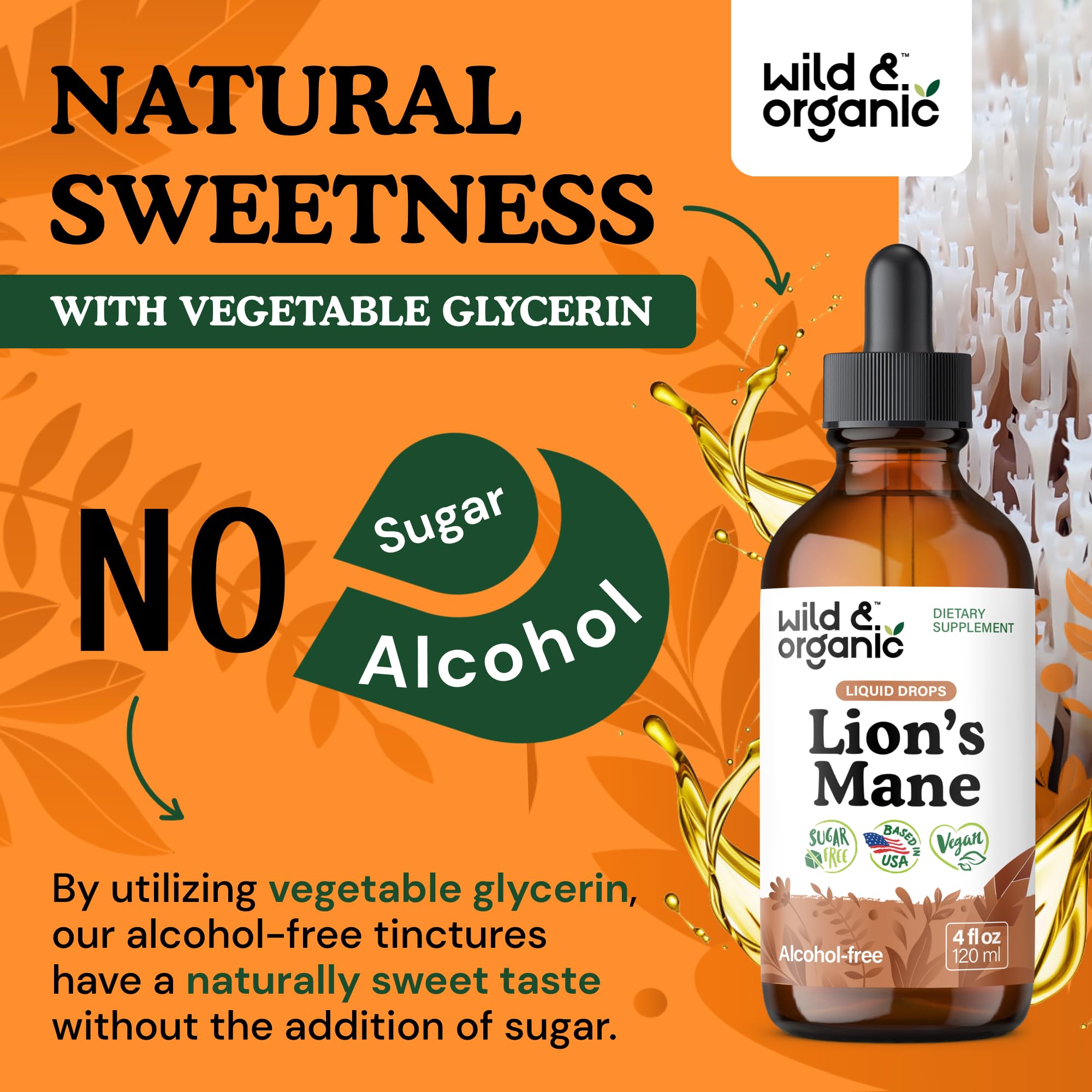 The Wild & Organic Lions Mane drops glycerin-base bottle close-up captures details.