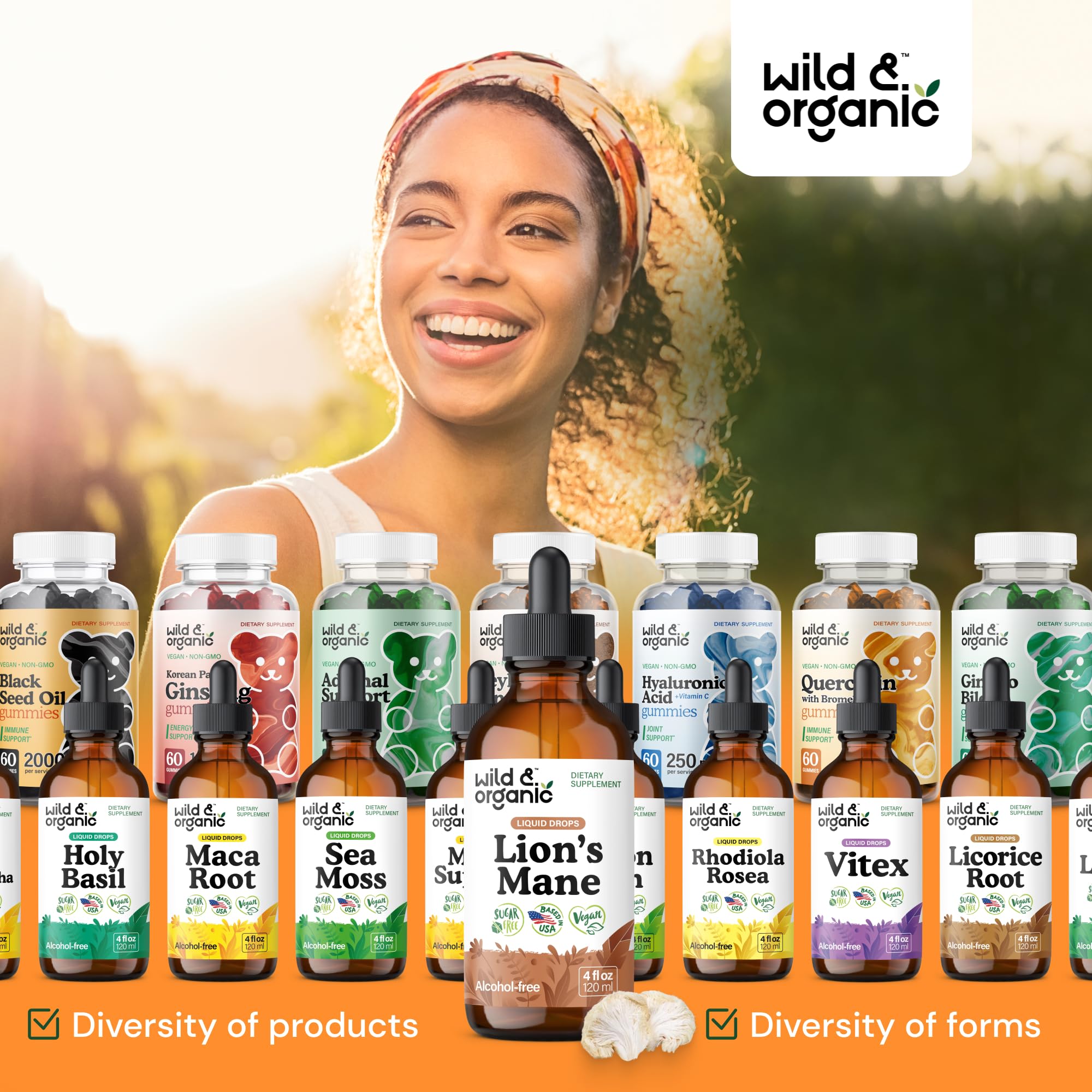 The Wild & Organic Lions Mane drops ingredients and vegan formula.