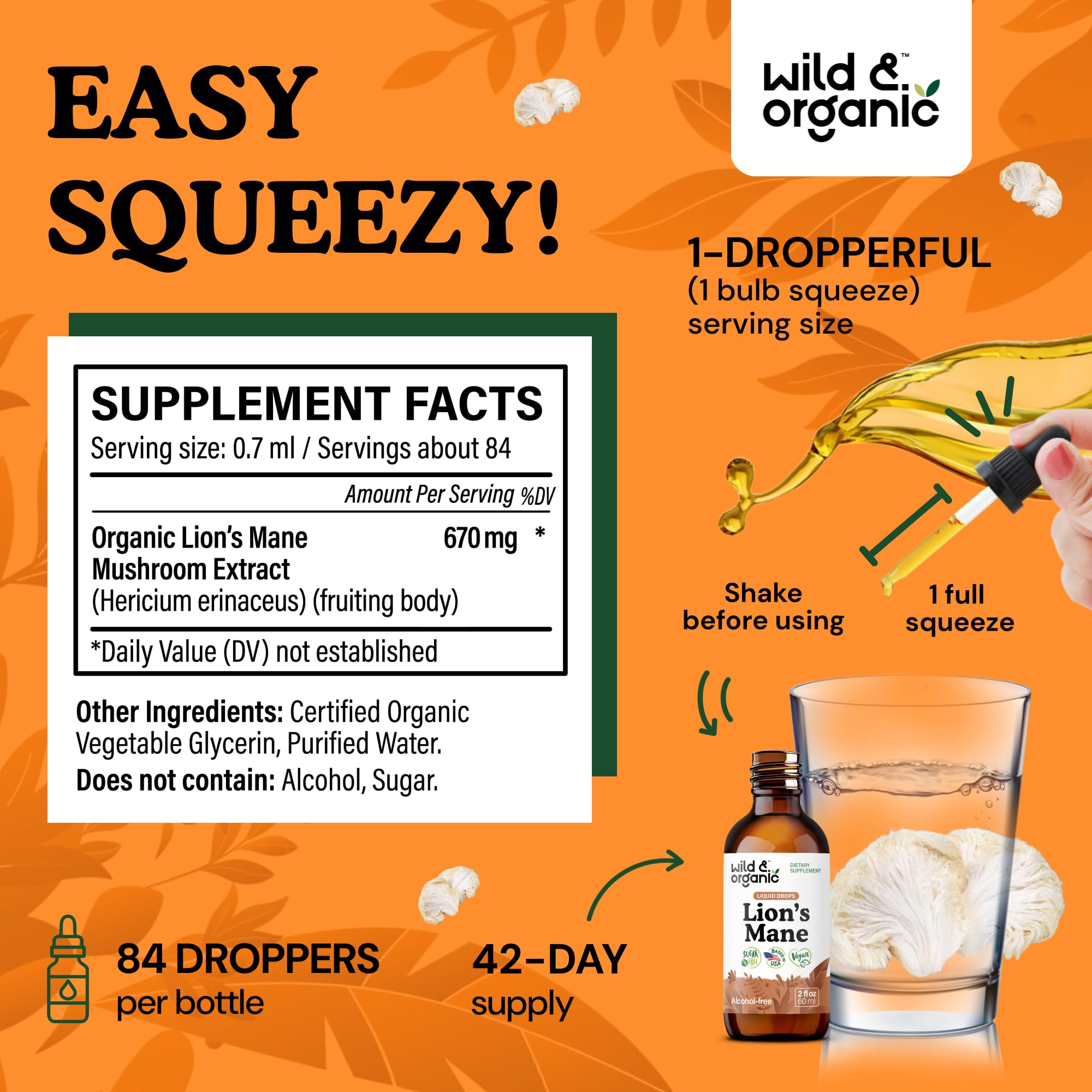 Wild & Organic Lions Mane Liquid Drops label detail highlights alcohol-free glycerin base.